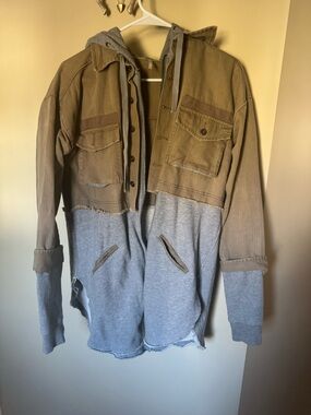 Free People Two-Tone Utility Hoodie Jacket Mixed media Olive green and gray